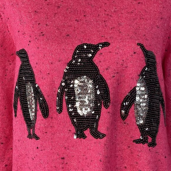 Karen Scott Medium Penguin Sweater Sequin Crew Neck Long Sleeve Stretch Pink New - Picture 2 of 8